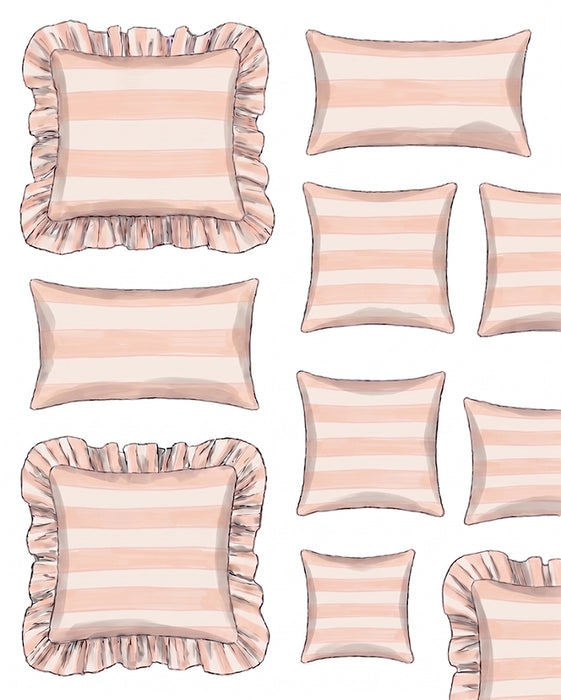 Set of pink and white striped pillows with ruffled edges on a light background