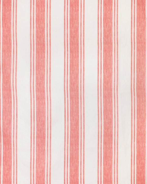 A fabric with a red and white striped pattern on a linen texture.