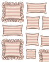 Set of pink and white striped pillows with ruffled edges on a white background