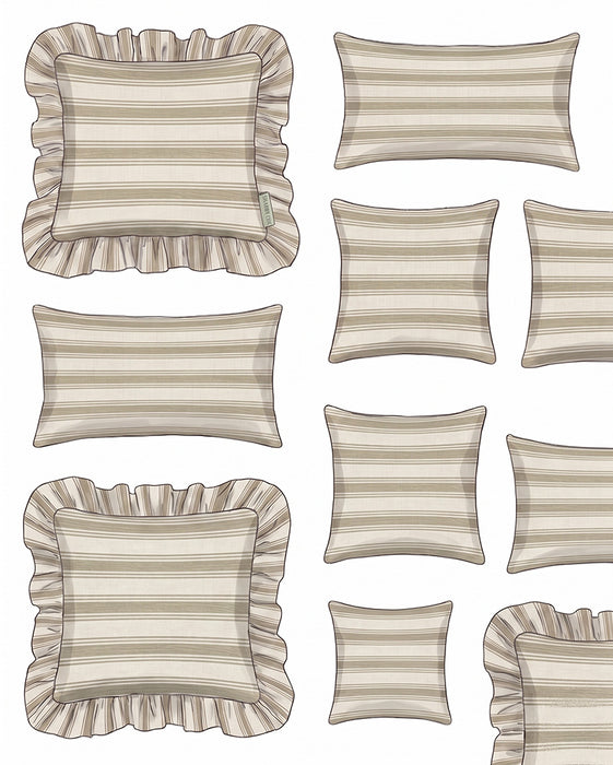 Set of striped pillows with ruffled edges on a white background