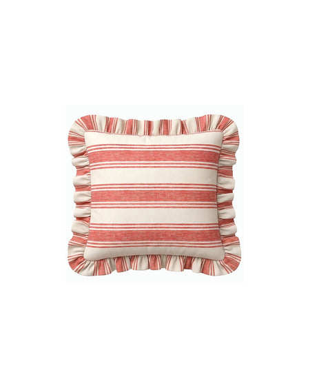 Striped pillow with ruffle trim on a white background