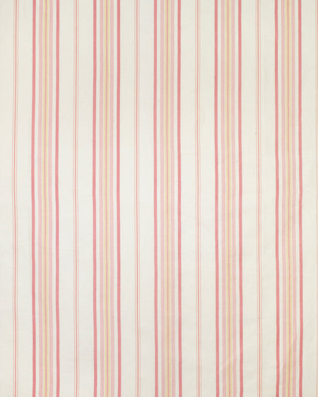 A fabric with a striped pattern featuring red and other colors on a white background.