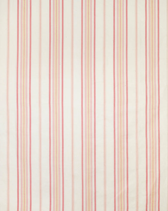 A fabric with a striped pattern featuring red and other colors on a white background.