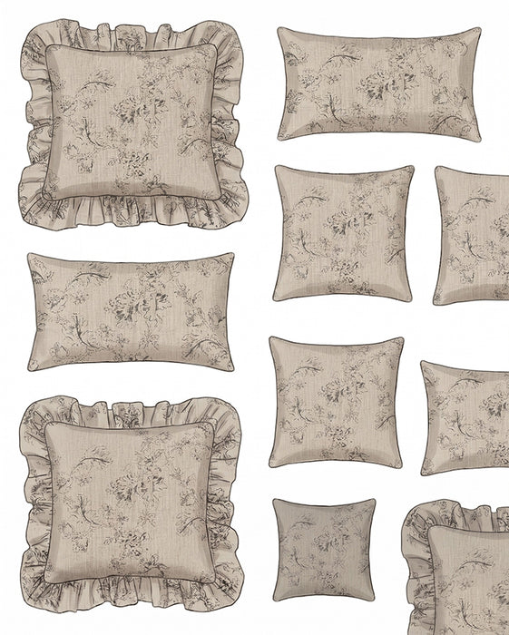 Collection of decorative pillows with floral patterns and ruffled edges on a white background.