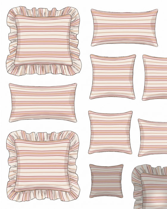 Set of striped pillows with ruffled edges on a white background