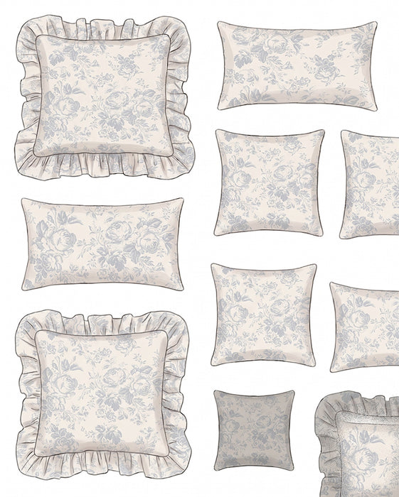 Set of floral-patterned cushions with ruffled edges on a white background
