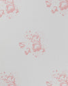 A close-up image of fabric with a floral pattern featuring pink roses on a white background.