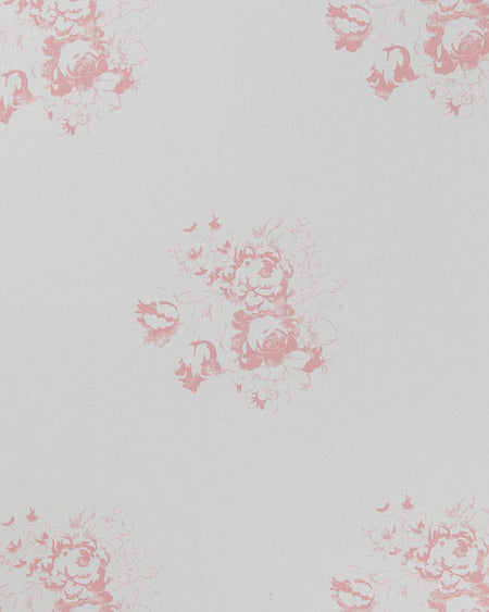 A close-up image of fabric with a floral pattern featuring pink roses on a white background.