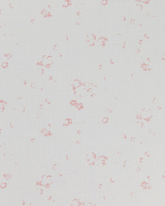 A close-up image of a fabric with a white background and a floral pattern in a small, faded pink color.