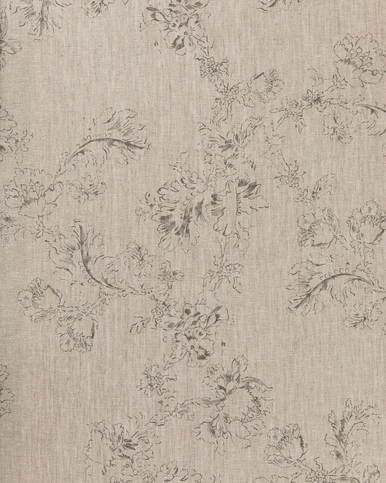 A fabric with a natural linen color featuring a charcoal gray floral print.