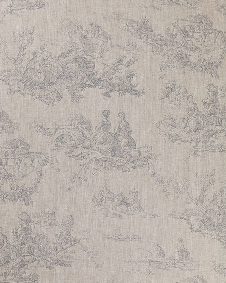 A fabric with a traditional pastoral print in blue and beige tones on a linen background.
