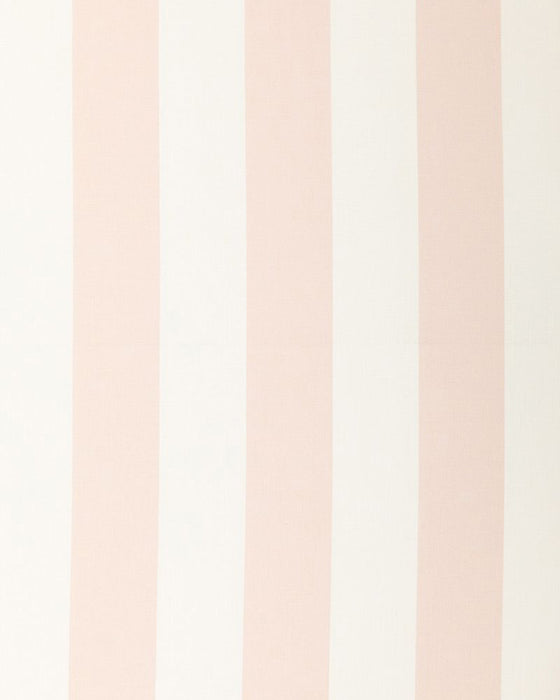 A close-up view of a fabric with vertical pale rose stripes on a white linen background.