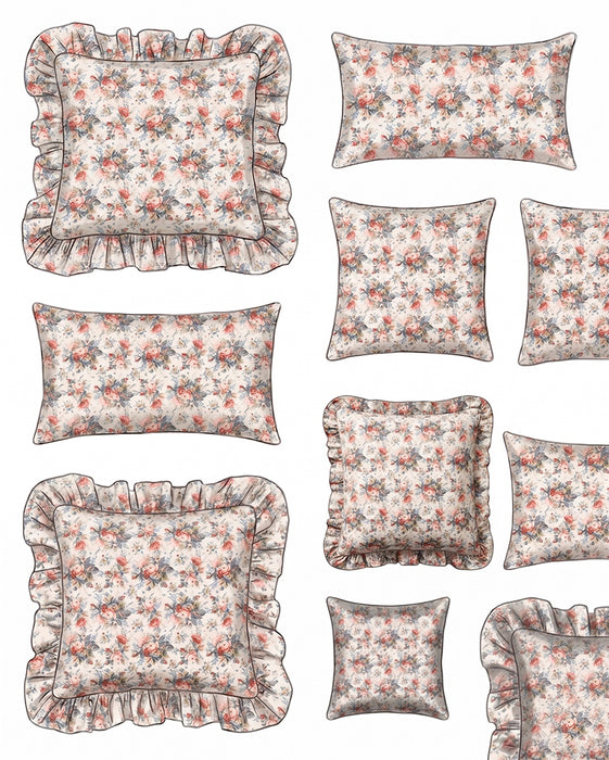 Set of floral patterned pillows with ruffled edges on a white background