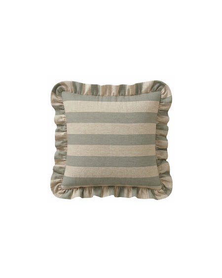 Striped pillow with ruffled edges on a white background