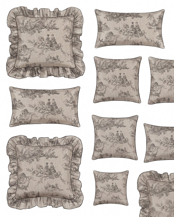 Collection of decorative pillows with toile pattern on a white background