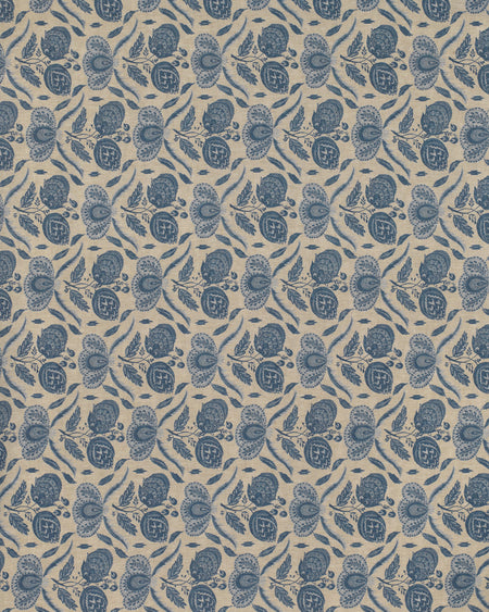 Patterned fabric with blue floral design on beige background