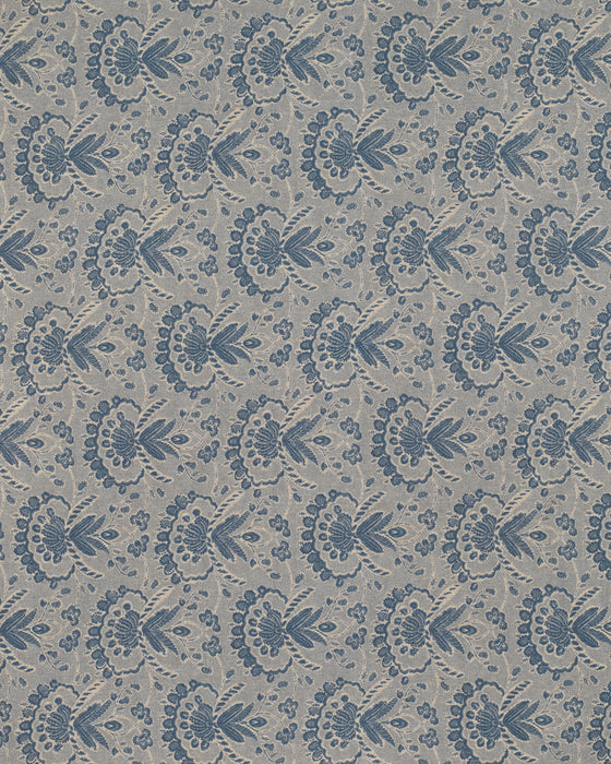 Patterned fabric with blue floral design on a beige background